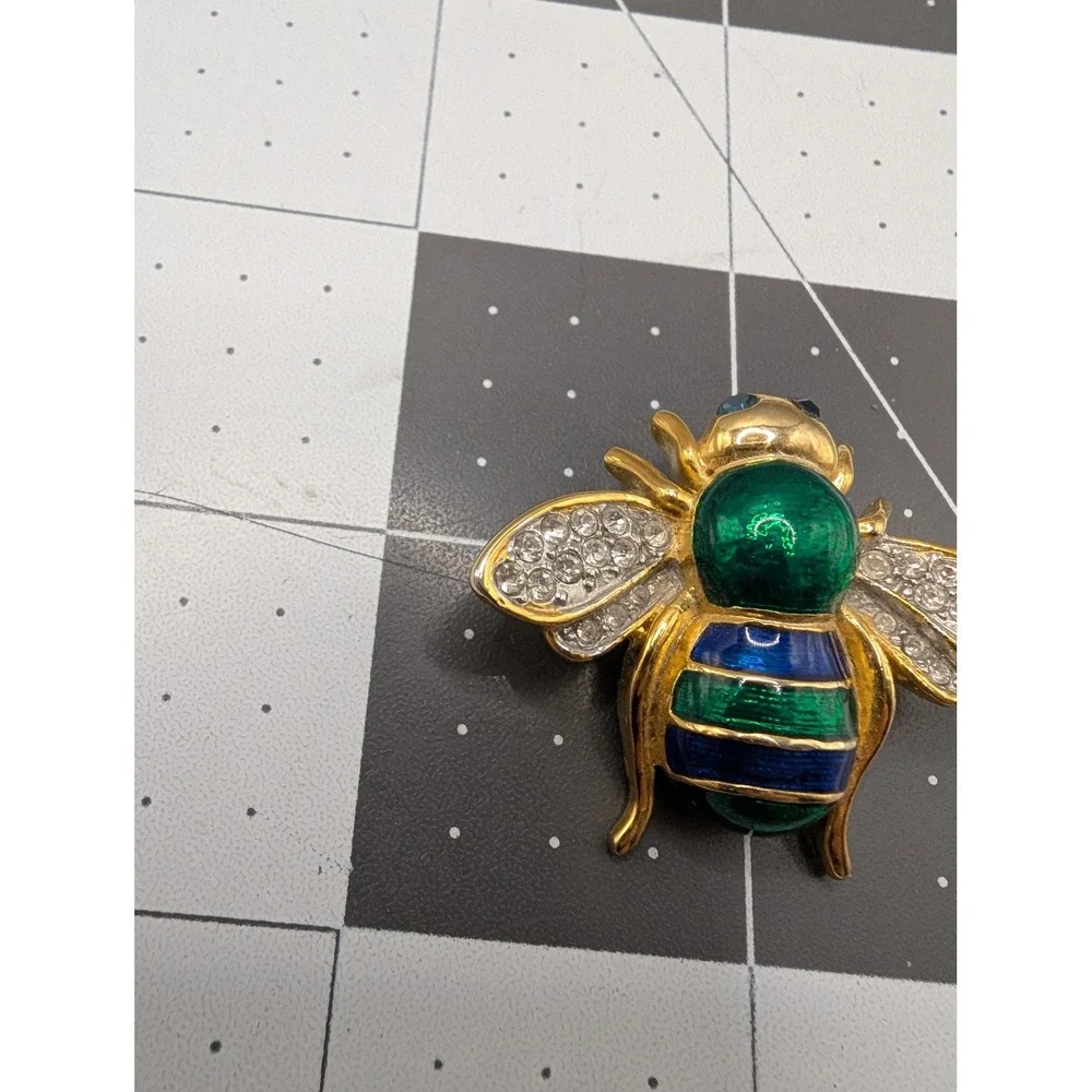 Enamel Bumble Bee Brooch‎ Gold Tone Green Blue Rhinestone Insect Pin vtg